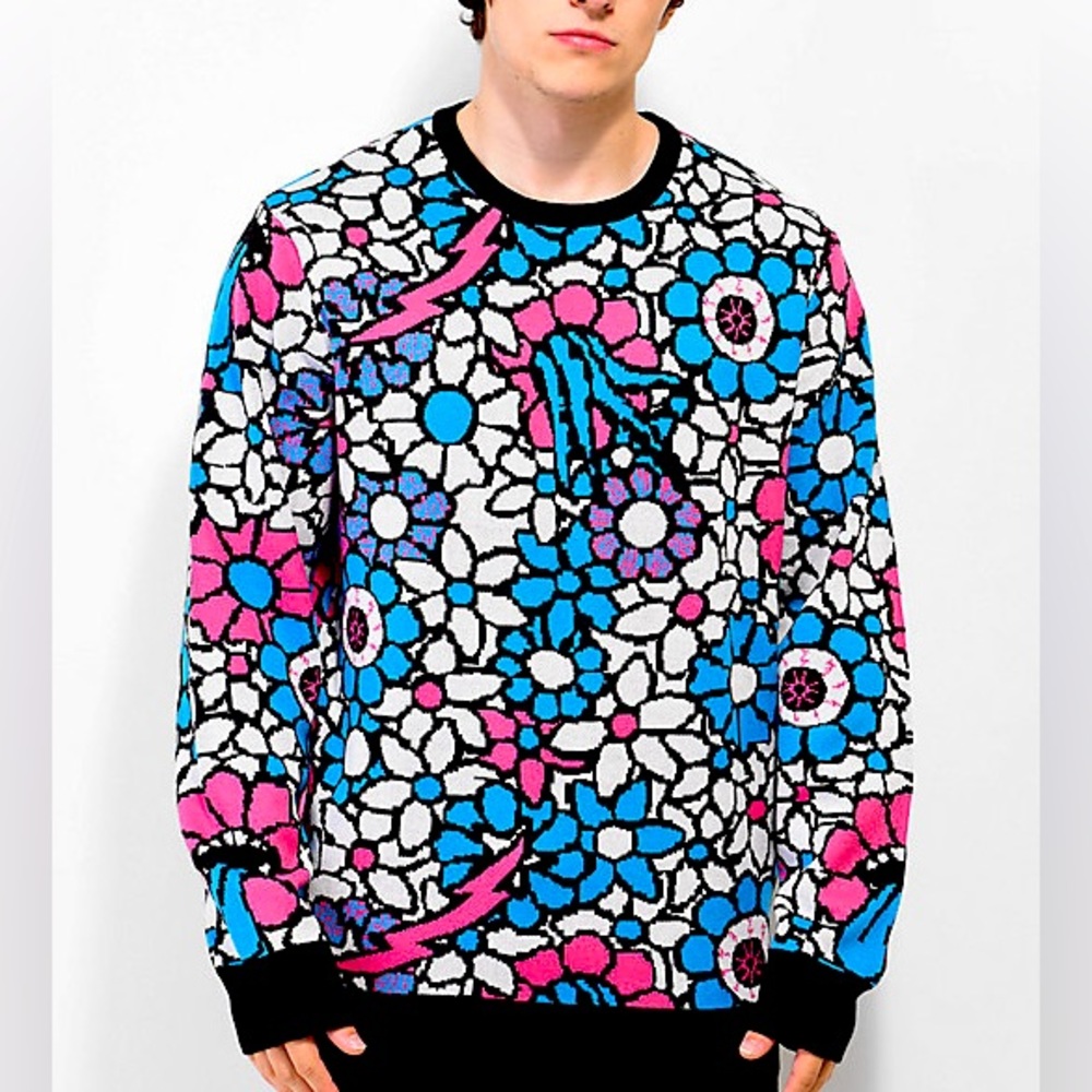 Psychedelic floral sweater A-LAB Crewbie Blue & Pink Sweater w/images of flowers